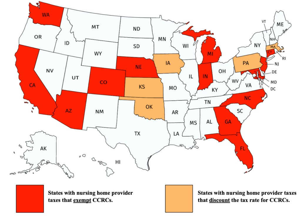 Map showing states that offer CCRCs provider tax exemptions or discounts